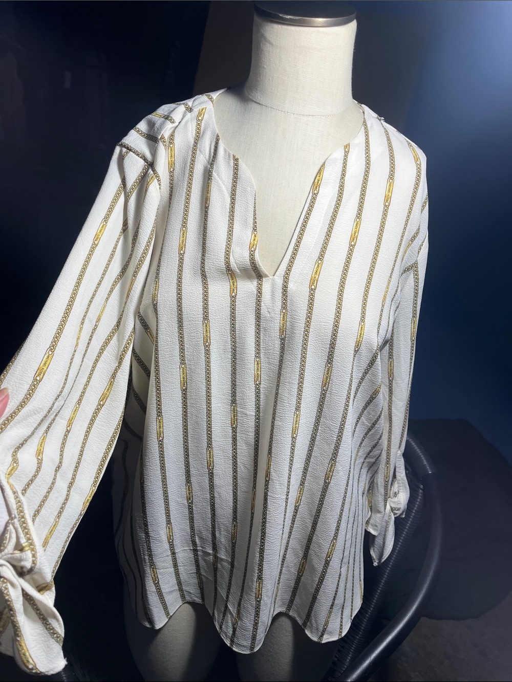 Michael Kors Cream and Gold Striped Tie-Sleeve Button Down Blouse